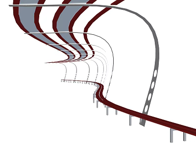 Modern Garden Landscape With Curved Pathway Red White Striped Structures And Supporting Pillars 3d model
