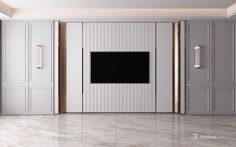 Modern TV Wall Design With Vertical Panel White Background Side Cabinets And Wall Sconces 3d model