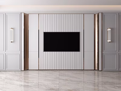 Modern TV Wall Design With Vertical Panel White Background Side Cabinets And Wall Sconces 3d model