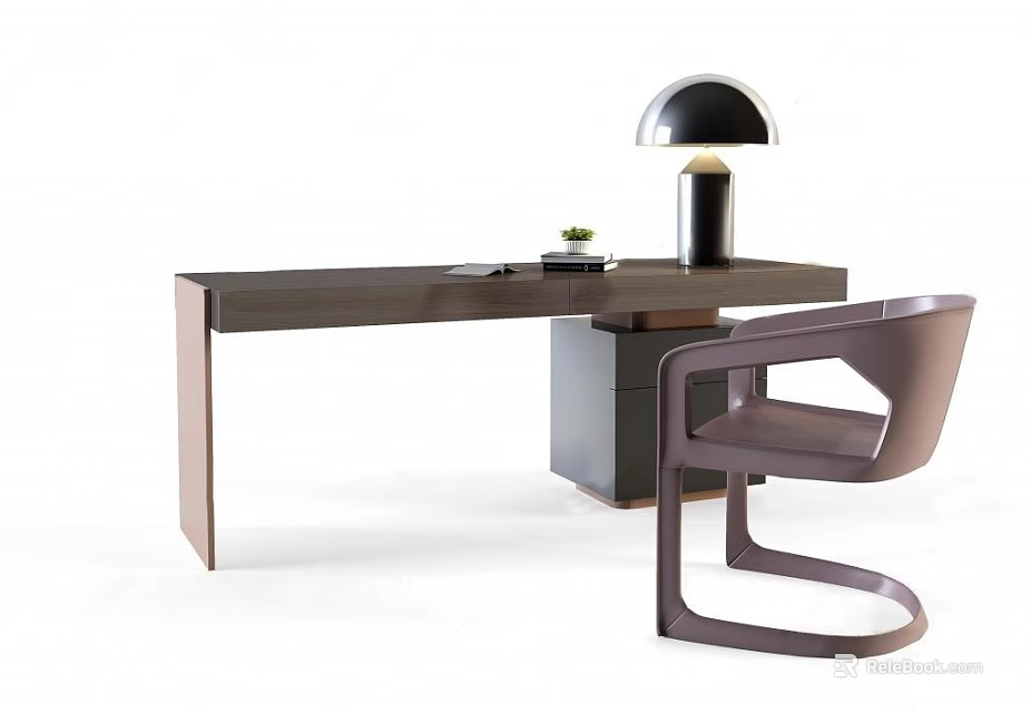 Modern Home Office Desk With Black Table Lamp Chair And Small Plant 3d model 