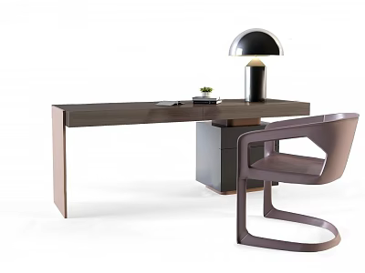 Modern Home Office Desk With Black Table Lamp Chair And Small Plant 3d model
