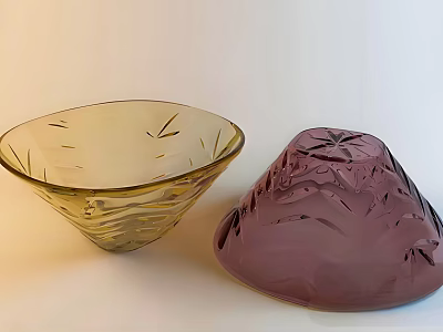 Decorative Glass Bowls Yellow And Purple With Intricate Carved Patterns For Home Decor 3d model