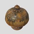 Brown Glazed Ceramic Vessel With Domed Lid Decorative Patterns And Base