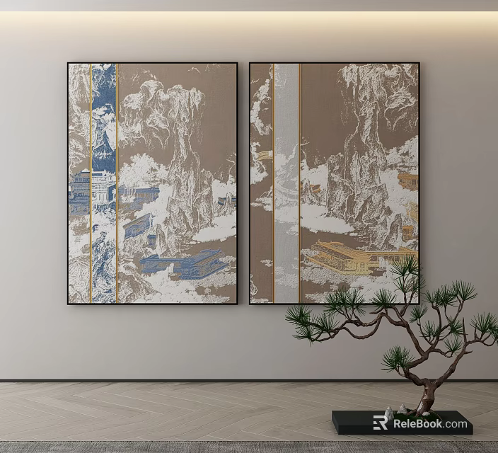 Two Abstract Landscape Paintings On Wall With Potted Pine Tree Decor 3d model