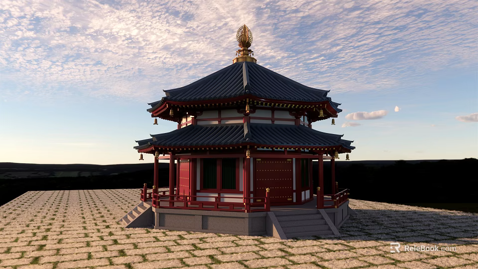 Traditional Ancient Pavilion With Multi layered Roof Red Pillars Golden Decorations And Brick Paved Ground 3d model 