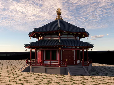 Traditional Ancient Pavilion With Multi layered Roof Red Pillars Golden Decorations And Brick Paved Ground 3d model