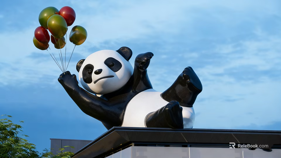 Artistic Panda Landscape Sculpture Holding Colorful Balloons Against Blue Sky 3d model 