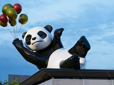 Artistic Panda Landscape Sculpture Holding Colorful Balloons Against Blue Sky 3d model
