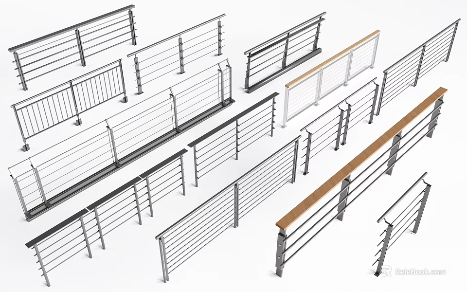 Modern Railings With Various Designs Including Metal And Wooden Handrail Styles 3d model 