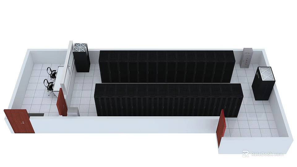 Data Center Server Room With Multiple Black Server Racks And Tile Floor Layout 3d model