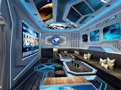 Modern Hi tech KTV Interior With Blue Lighting Sofa Seats Large Screens And Bar 3d model