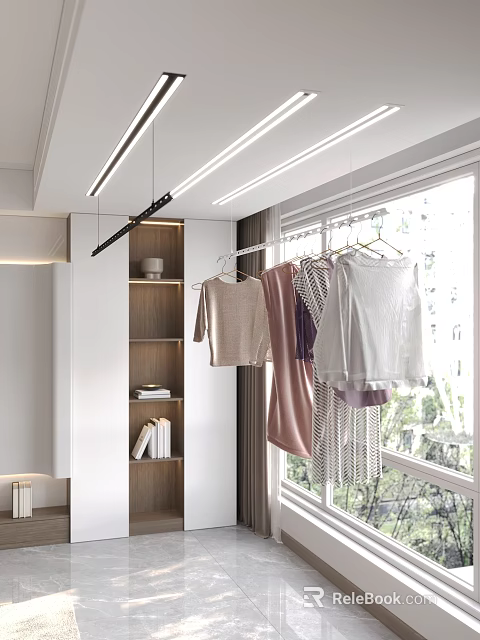 Indoor Clothes Hanger With Hanging Clothes Near Window And Wooden Shelf In Natural Light 3d model 