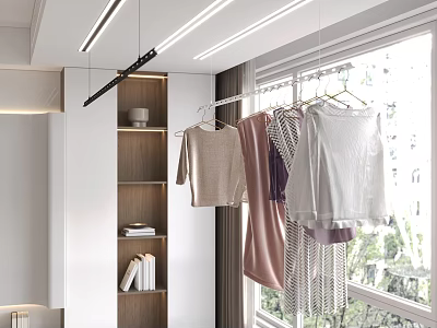 Indoor Clothes Hanger With Hanging Clothes Near Window And Wooden Shelf In Natural Light 3d model