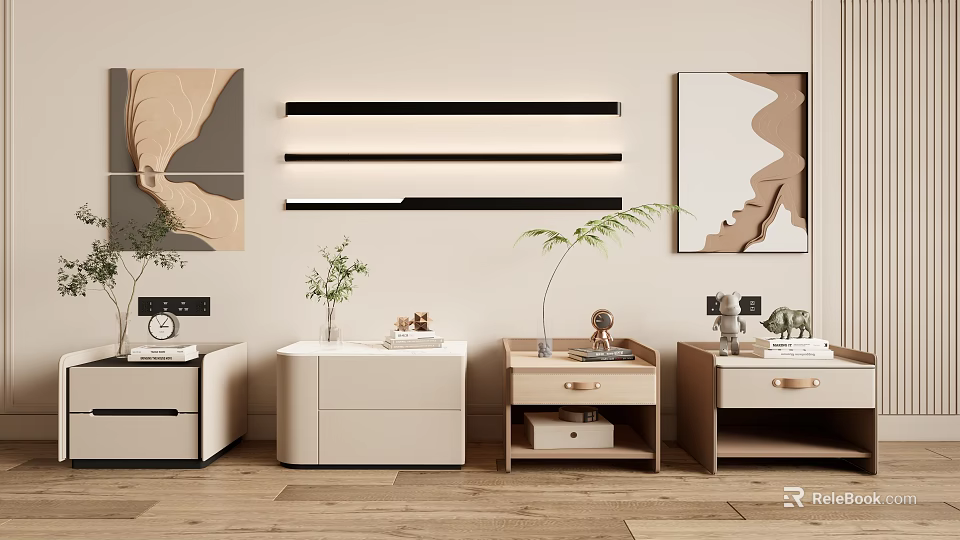 Modern Minimalist Bedroom With Different Designed Nightstands Wall Art LED Lighting And Potted Plants 3d model 