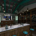 Elegant Bar Interior With Green Ceiling Pendant Lights Bar Counter Mural Wine Cabinets And Sofa