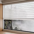 White Striped Roller Blinds On Large Window With Wooden Cabinet And Natural View