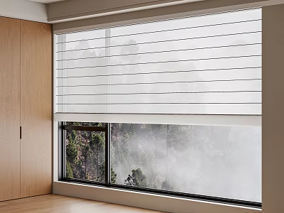 White Striped Roller Blinds On Large Window With Wooden Cabinet And Natural View 3d model