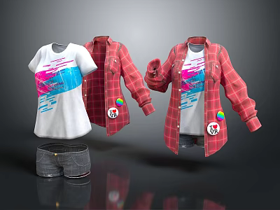 White T shirt with colorful graphic red plaid shirt and gray shorts casual clothing set 3d model