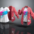 White T shirt with colorful graphic red plaid shirt and gray shorts casual clothing set