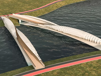 Modern Bridge Structure Over Water With Green Grass And Red Track 3d model