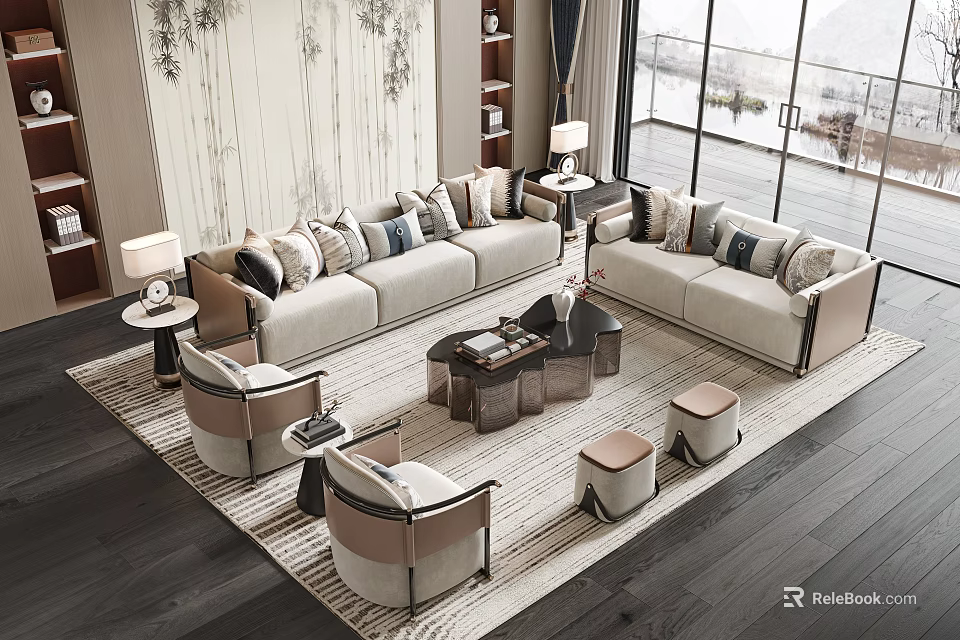 Modern Living Room Sofa and Coffee Table Set with Pillows Armchairs Footstools and Large Windows 3d model 