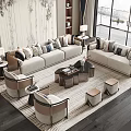 Modern Living Room Sofa and Coffee Table Set with Pillows Armchairs Footstools and Large Windows