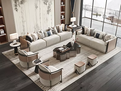 Modern Living Room Sofa and Coffee Table Set with Pillows Armchairs Footstools and Large Windows 3d model