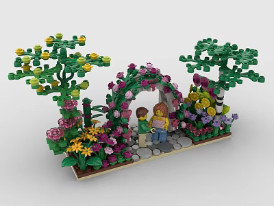Lego Building Set With Colorful Flowers Green Trees Flower Archway And Mini Figures 3d model