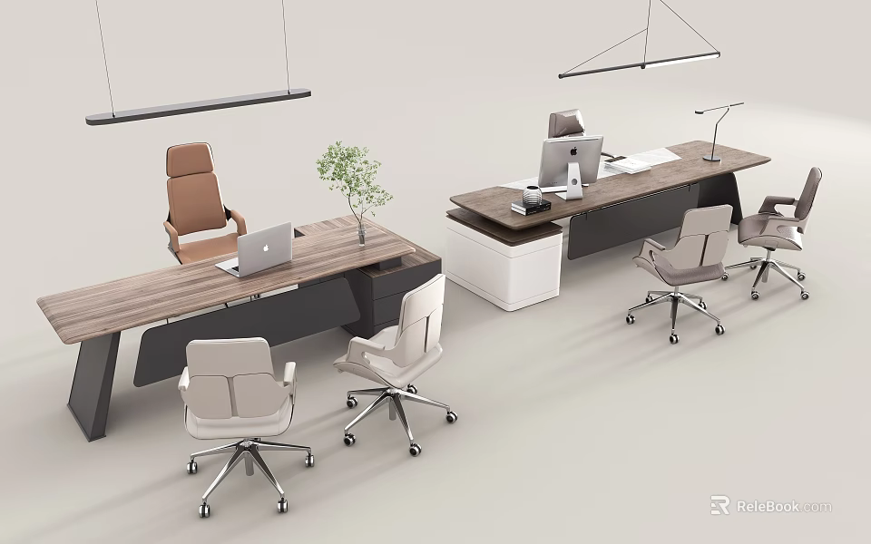 Modern Wooden Office Desk With Laptop Potted Plant Office Chairs And Hanging Lights 3d model 