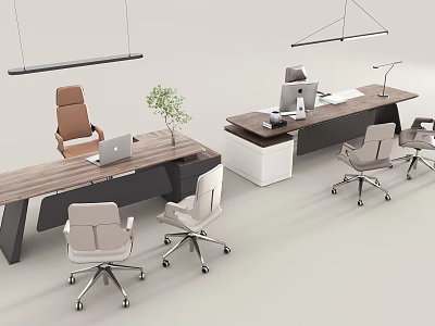 Modern Wooden Office Desk With Laptop Potted Plant Office Chairs And Hanging Lights 3d model