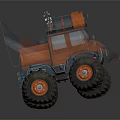 Orange And Blue Off Road Truck With Luggage Tools And Fishing Rod On Roof