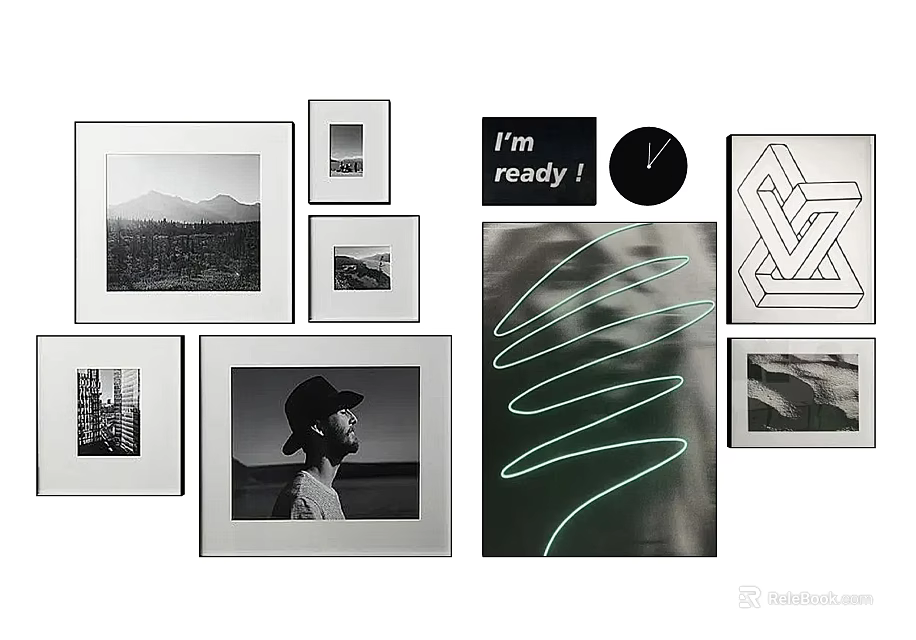 Modern Abstract Painting With Geometric Shapes Lines And Black White Gray Tones For Wall Art 3d model 