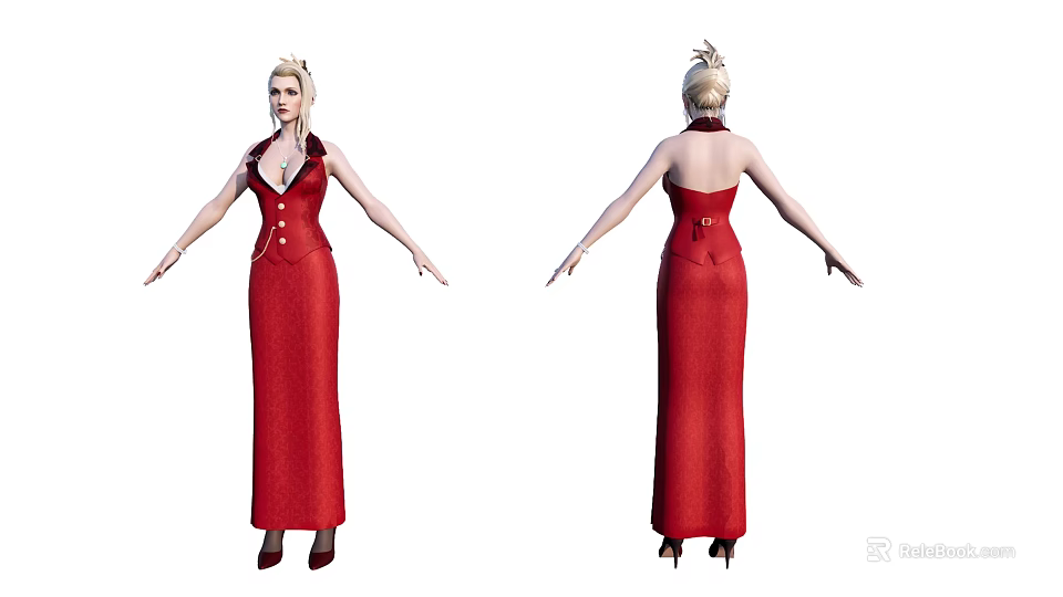 Game Movie Character In Red Long Dress With Open Back Gold Hair And High Heels 3d model 