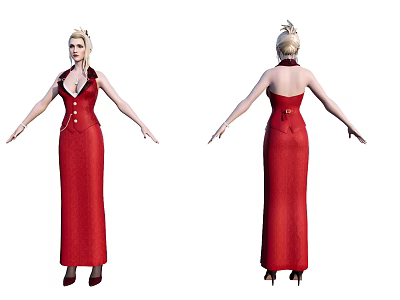 Game Movie Character In Red Long Dress With Open Back Gold Hair And High Heels 3d model