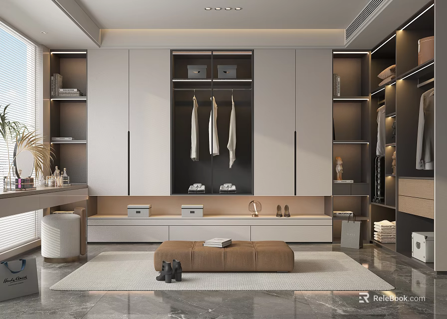 Modern Walk In Closet With Ample Storage And Seating 3d model