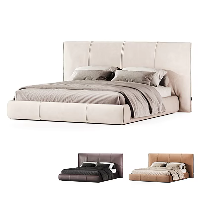 Plush Upholstered Double Bed with Beige Headboard and Soft Bed Linens in Multiple Colors 3d model
