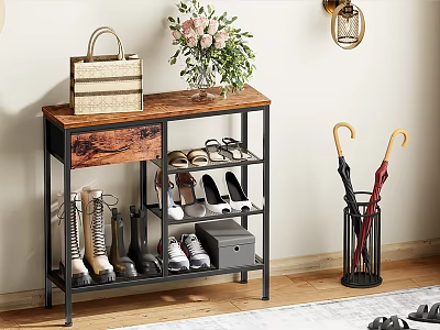 Wooden And Metal Storage Shelf With Shoes Handbag And Flower Vase For Entryway Organization 3d model