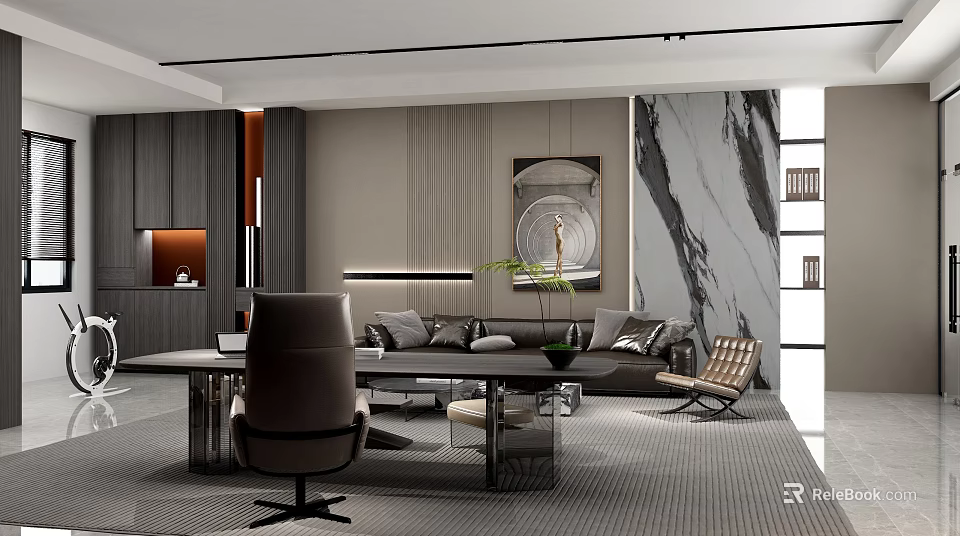 Modern Luxury Executive Office Interior Design With Premium Desk And Cozy Sofa Lounge Space 3d model 