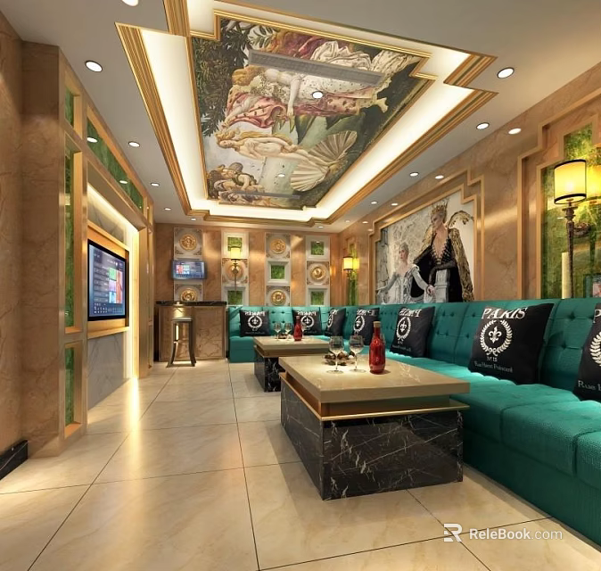 Luxury KTV Room Interior With Green Sofas Marble Coffee Table And Ceiling Mural 3d model