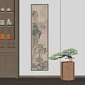 Traditional Chinese Landscape Painting Hung on Wall with Bonsai Tree and Wooden Decor