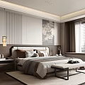 Elegant Modern Bedroom Interior With Bed Nightstand Pendant Light Decorative Painting Window Blinds And Bench