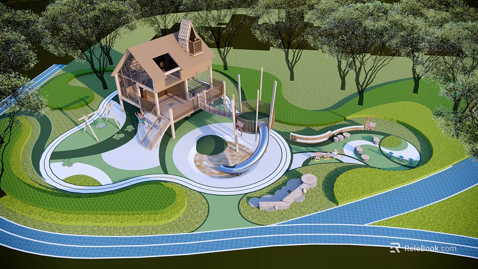 Wooden House in Lush Green Area with Slide Swing and Playground Equipment 3d model 