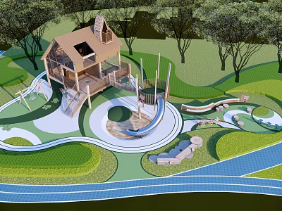 Wooden House in Lush Green Area with Slide Swing and Playground Equipment 3d model