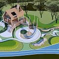 Wooden House in Lush Green Area with Slide Swing and Playground Equipment