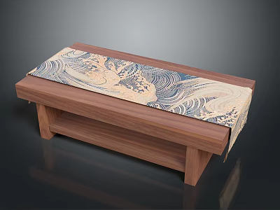 Japanese Style Wooden Coffee Table With Traditional Pattern Fabric Top And Shelf Storage 3d model