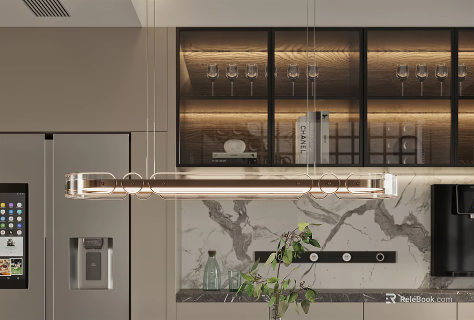 Sleek Modern Kitchen Pendant Light Hanging Over Marble Counter With Glass Cabinets 3d model 