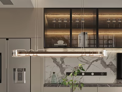 Sleek Modern Kitchen Pendant Light Hanging Over Marble Counter With Glass Cabinets 3d model