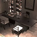 Dark Wooden Desk And Chairs Set In Elegant Study With Bookshelves Lamp And Artwork