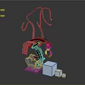 Abstract Metallic Biological Mechanical Structure With Curved Tentacle Like Form And White Cubes