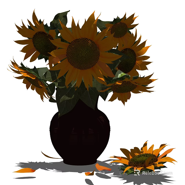 Blooming Sunflowers in Dark Colored Vase with Green Leaves and Decorative Design 3d model 
